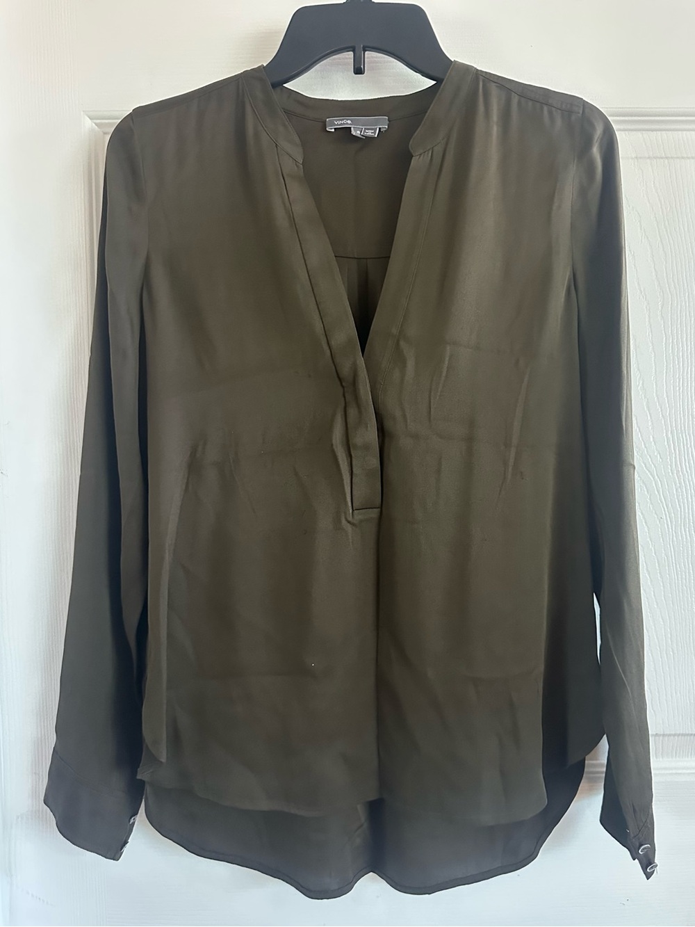Vince Women’s Dark Olive Split V-Neck Silk Tunic Blouse